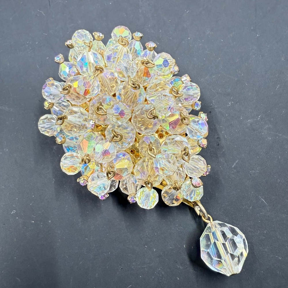 Vintage Aurora Borealis Crystal Bead Cluster Brooch Gold Tone 3" w/‎ Dangle
